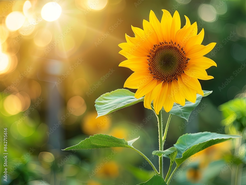 Sticker Natural Plant Yellow Sunflower in Garden with Bokeh Background Copy Text