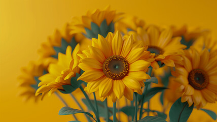 Obraz premium A close-up of bright sunflowers with a warm yellow backdrop
