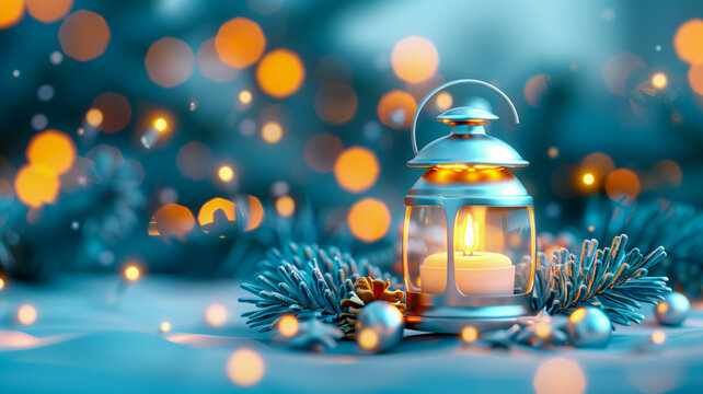 Amidst pine and cones, a lantern’s glow brings warmth to the winter’s blue serenity.