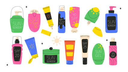 Set of SPF bottles tubes. Sunscreen protection and sun safety. Sunscreen cream, lotion, spray collection. Hand drawn illustration. Sunblock, skin protection, skin care products. Vector