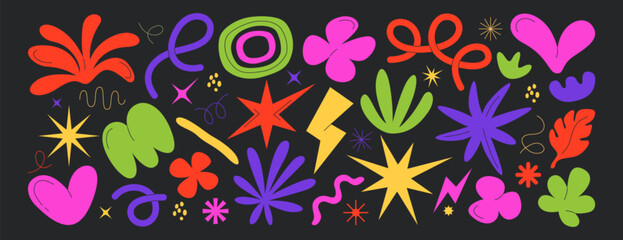 Vector set of abstract geometric shapes, flower leaves, stars and heart forms. Collection of hand drawn trendy simple figures, organic matisse design elements. Colorful natural freeform doodle objects