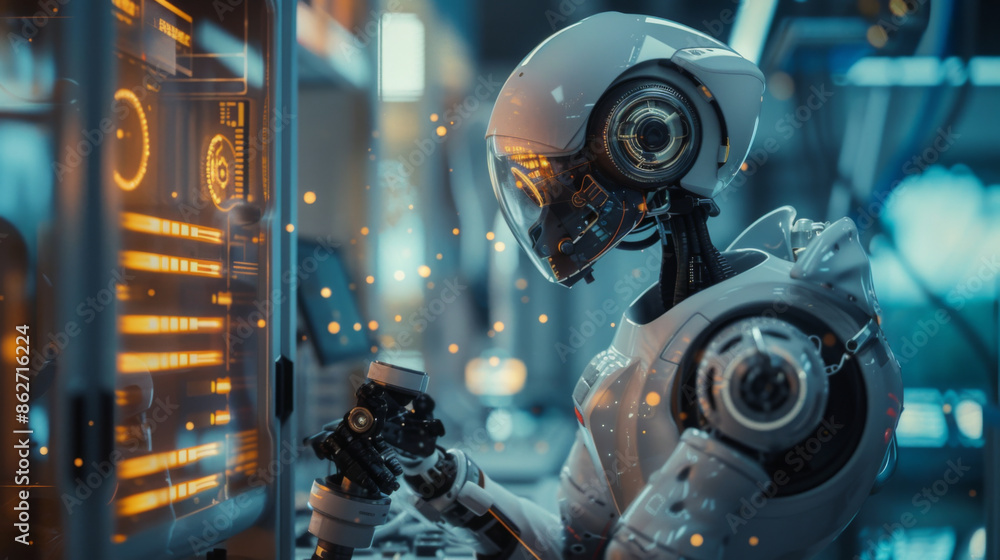 Poster a humanoid robot engineer working meticulously on advanced technology in a high-tech lab, showcasing