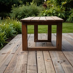 Fototapeta premium Rustic Wooden Coffee Table in a Lush Garden Setting. Perfect for Outdoor Relaxation and Enjoying Nature