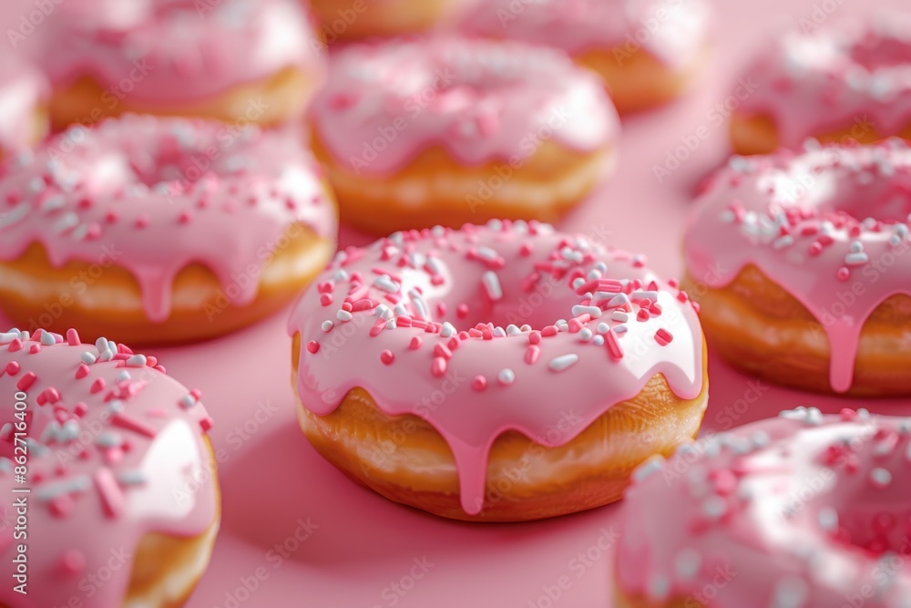 Poster a row of pink frosted donuts with sprinkles on top. the donuts are arranged in a row and are all the