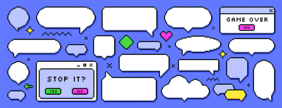 Set of pixel dialogue boxes different shapes on blue background. Chat speech bubbles, flash message frames with text or empty dialog communication box in 8bit retro style. Pixelated arrow, heart icons