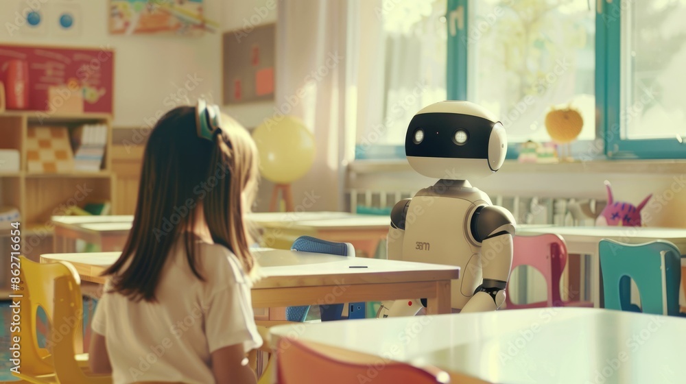 Poster the picture of the robot is staying inside the classroom that has been filled with the children to g