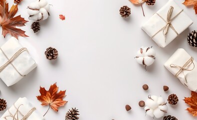 Small scattered cotton wrapped gifts autumn leaves pine cones white background Seasonal Decor Concept