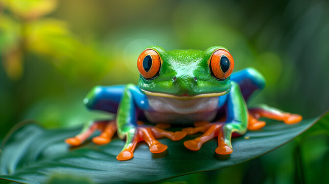 A colorful tree frog sits on a green leaf. 