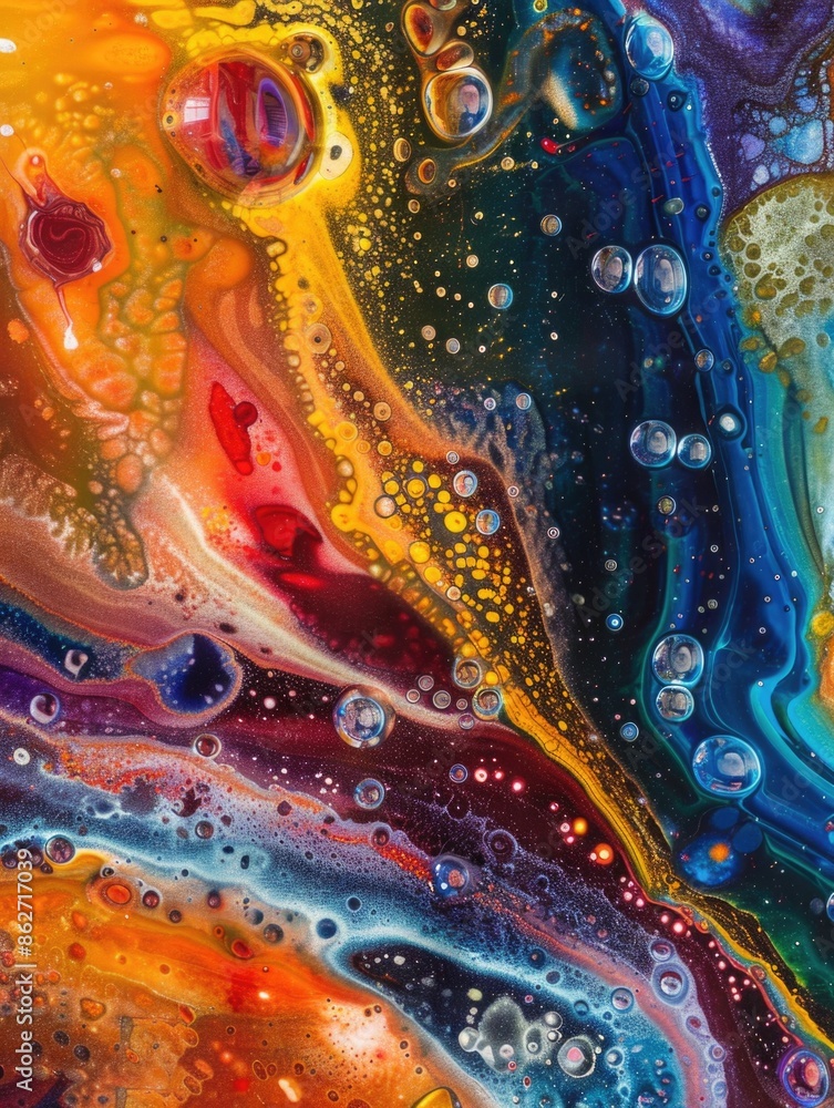 Aufkleber a colorful painting with many bubbles and swirls. the painting is abstract and has a lot of differen