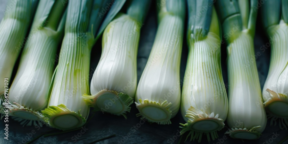 Poster a bunch of white onions are displayed on a counter. the onions are cut in half and arranged in a row
