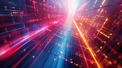 A dynamic composition with two contrasting colors split diagonally, set against a futuristic background with neon grids and holographic effects