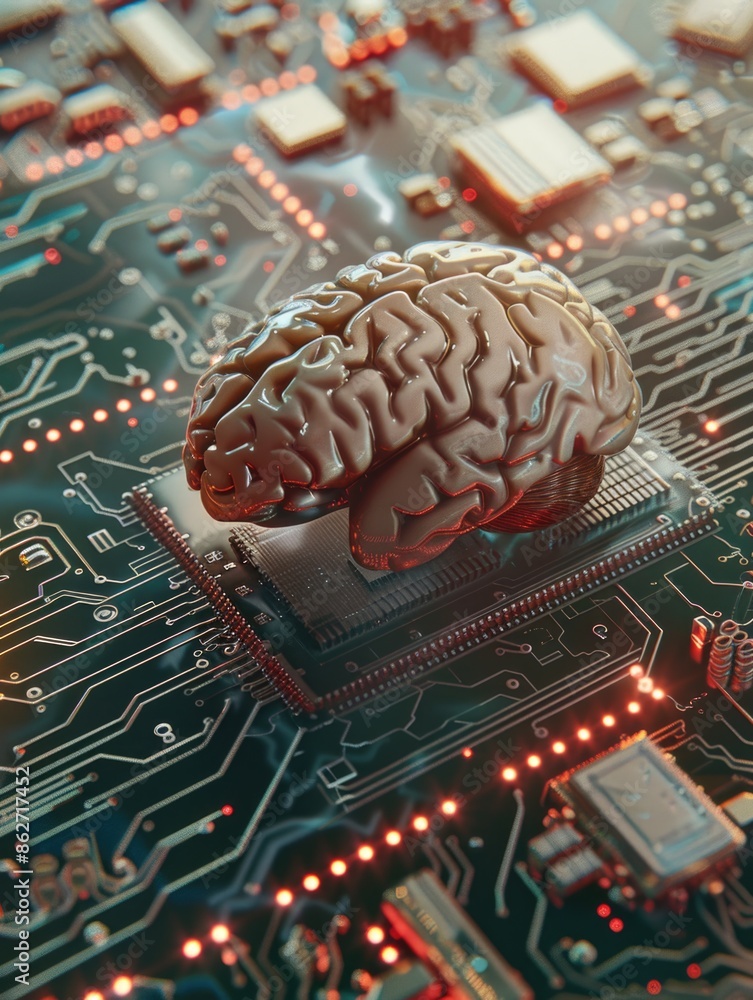 Poster a brain is sitting on top of a computer chip. the brain is surrounded by a lot of wires and circuitr