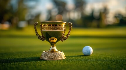 golden award cup and golf ball on course court 