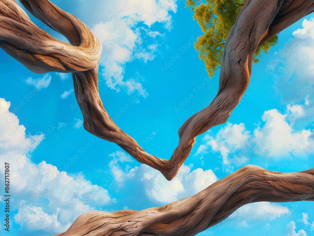 Poster abstract sky view with twisted tree branches and white clouds.