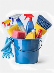 Blue bucket filled sponges spray glaves white background Cleaning Supplies Concept