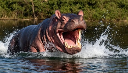 Fototapeta premium Hippopotamus in Action: A Close-up View of a Hippo Swimming in a River