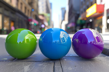 A bright lime green ball, a striking royal blue ball, and a vibrant violet ball with smooth...