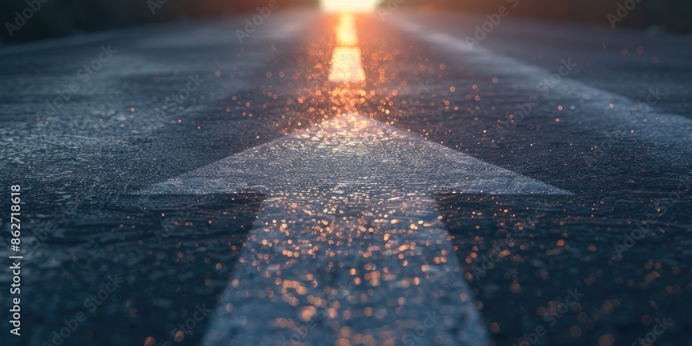 Poster a white arrow is drawn on a wet road. concept of movement and direction, as if the arrow is guiding 