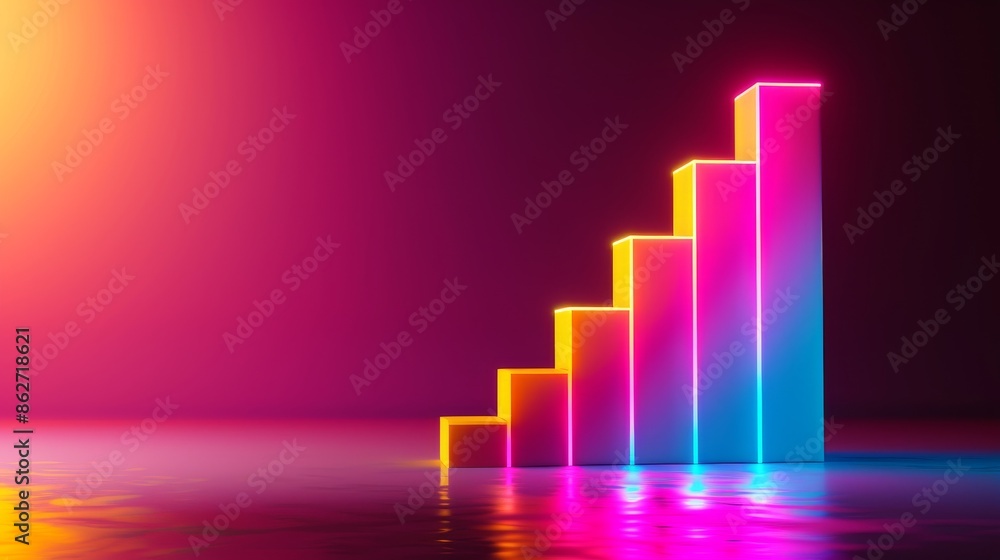 Poster neon abstract background with glowing bars and reflective surface.