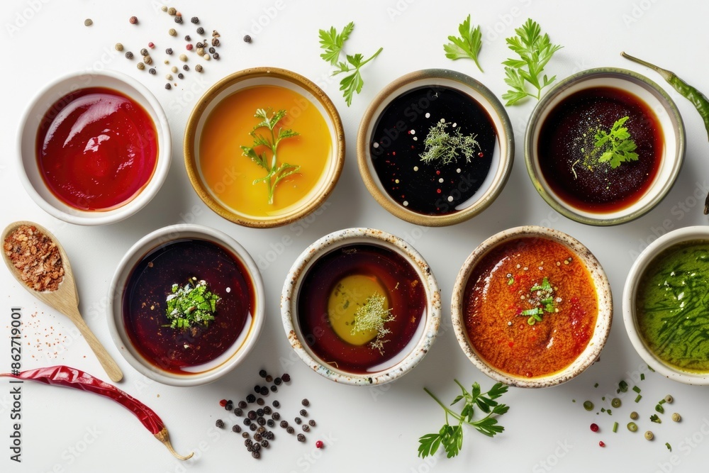 Poster a row of bowls with different sauces and spices on a white background. the bowls are arranged in a w