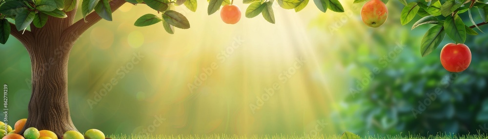 Poster sunlit orchard tree with red fruit and green grass - a natural springtime background for design proj