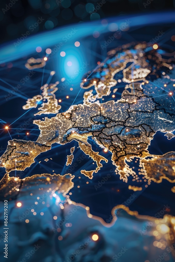 Aufkleber a map of europe with a network of lights on it. the lights are scattered all over the map, creating 