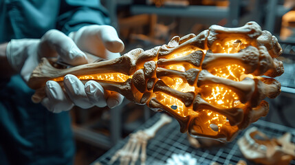Obraz premium Medical doctor in gloves and a lab coat holding a glowing wooden metacarpal bones model showing the base shaft and head demonstrating its structure