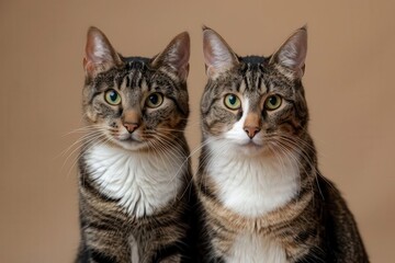 charming portrait of two cats posing side by side on a plain beige backdrop highlighting their contrasting fur patterns and expressive feline features