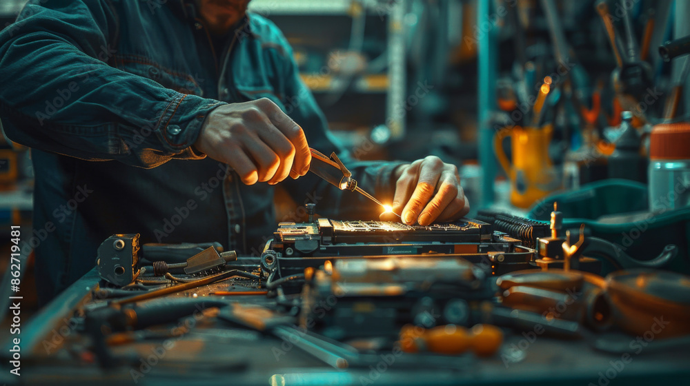 Poster close-up of a technician soldering electronic components on a circuit board in a cluttered workshop.