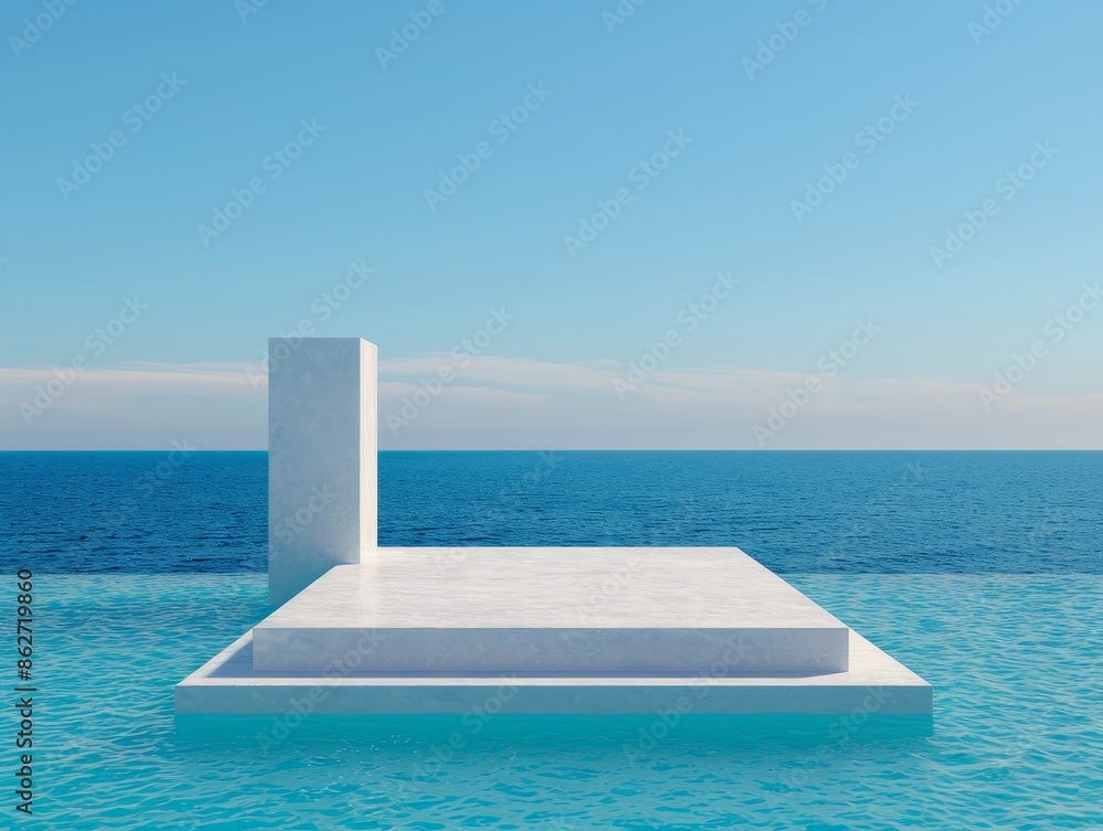 Poster minimalist white platform floating in calm blue ocean - abstract architecture.
