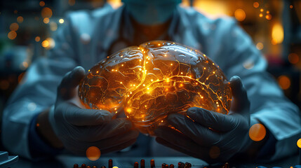Medical doctor in gloves holding a glowing wooden liver model showing lobes bile ducts and hepatic veins with a focused expression