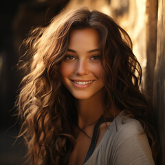 Fototapeta premium frau, haar, schönheit, gesicht, leitbild, gestalten, haut, person, atelier, lächeln, glamour, gewellt, lächelnd, leute, frau, auge, make-up, brünett, lang, auflösungszeichen, frisur, heranwachsender, 