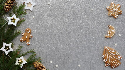 Christmas Gingerbread Cookies Silver Textured Background