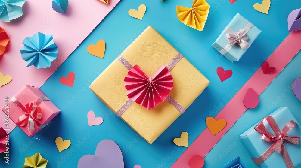 Poster geometry flat composition on colorful paper surroundings with gift box and heart shape backdrop in d