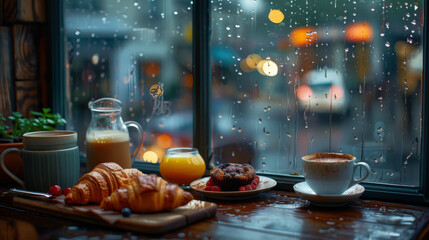 Obraz premium A cozy cafe setting with breakfast pastries and coffee by a rainy window, capturing a peaceful morning ambiance.