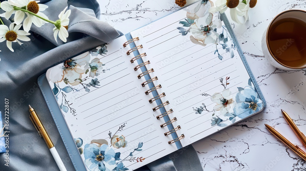 Poster a blue notebook with a floral design sits on a table next to a cup of tea. the notebook is open to a
