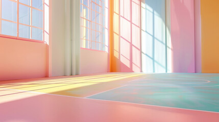 Indoor basketball court with sunlight and shadows, ideal for sports