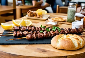 Skewered Meat Platter with Lemon Wedges and Bread on a Wooden Table