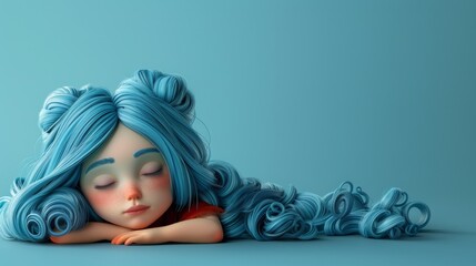 A 3D mockup rendering of an adorable little girl doll blue hair happily sleeping on the floor, isolated against a pastel background, creating a serene and charming scene.