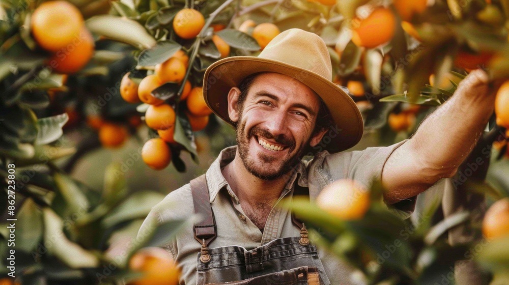 Poster a man wearing a straw hat is smiling while picking oranges from a tree