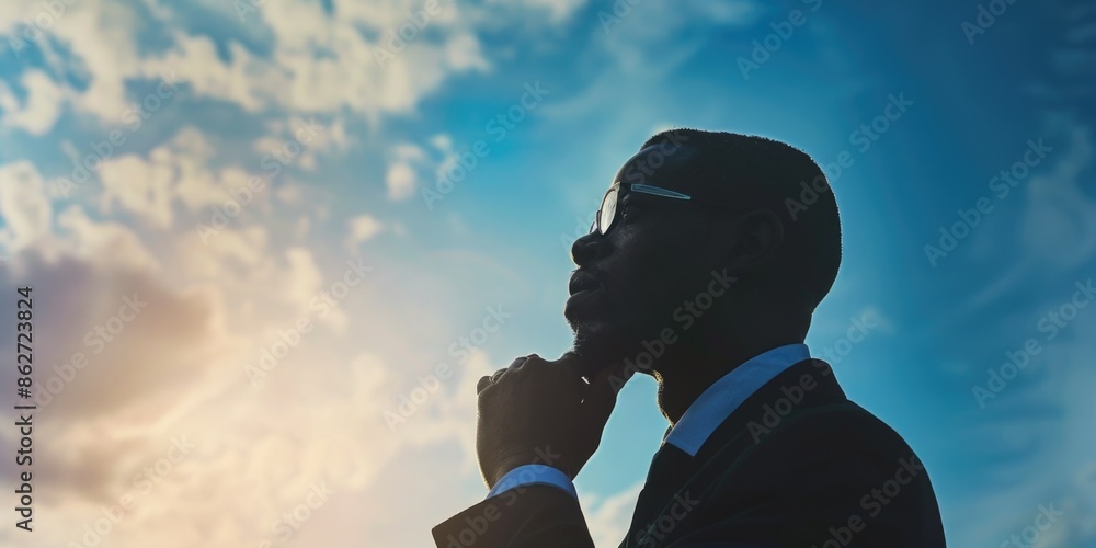 Poster a man in a suit is looking up at the sky, deep in thought. concept of contemplation and introspectio