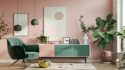 Pastel TV room with green armchair and decorative accessory. Generative AI