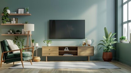 Pastel TV room with green armchair and decorative accessory. Generative AI
