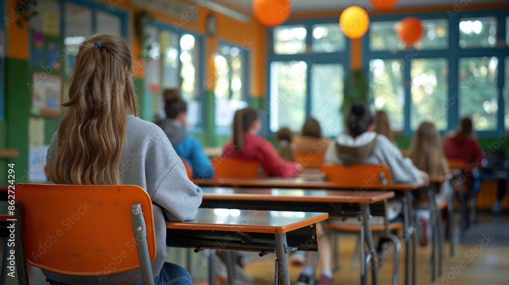 Poster a girl sits at a desk in a classroom with other students. the room is brightly lit and has a cheerfu