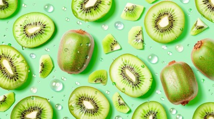 Fototapeta premium Fresh kiwi fruit slices and water drops on green background