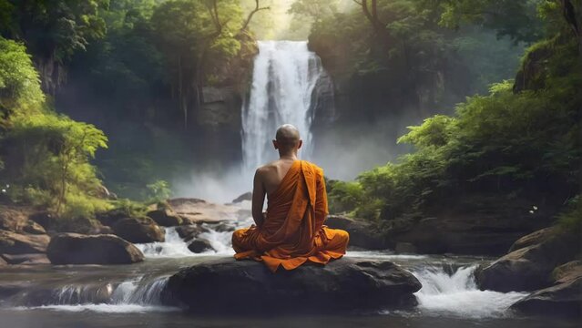 Buddhist monk meditation in the forest waterfall. 4K Generative AI video looping animation