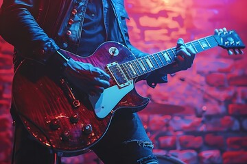 Obraz premium A musician plays an electric guitar on stage with red and blue lighting