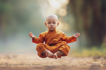 Photo of a baby monk levitating in park