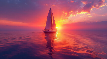 Sailboat gliding through tranquil waters during a vibrant sunset.