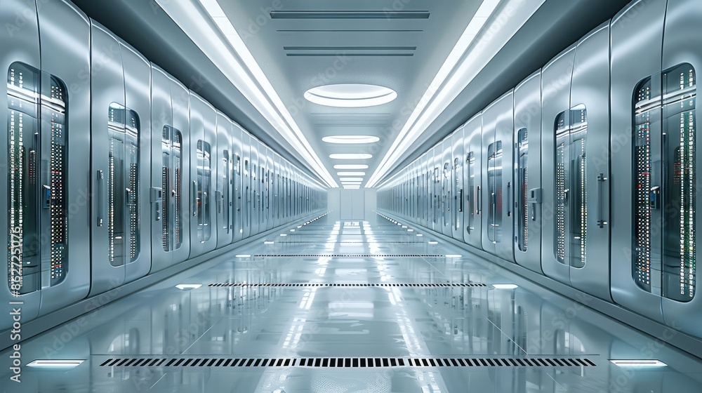 Poster within the machine, large room of endless computer servers. generative ai.